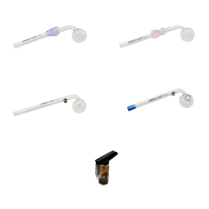 Mixed Designs Sweet Puff Glass Pipe Value Pack + Jet Lighter