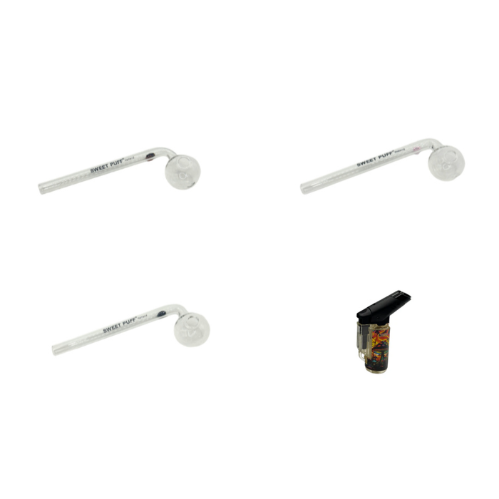 Sweet Puff Glass Pipe 14cm Value Pack + Jet Lighter