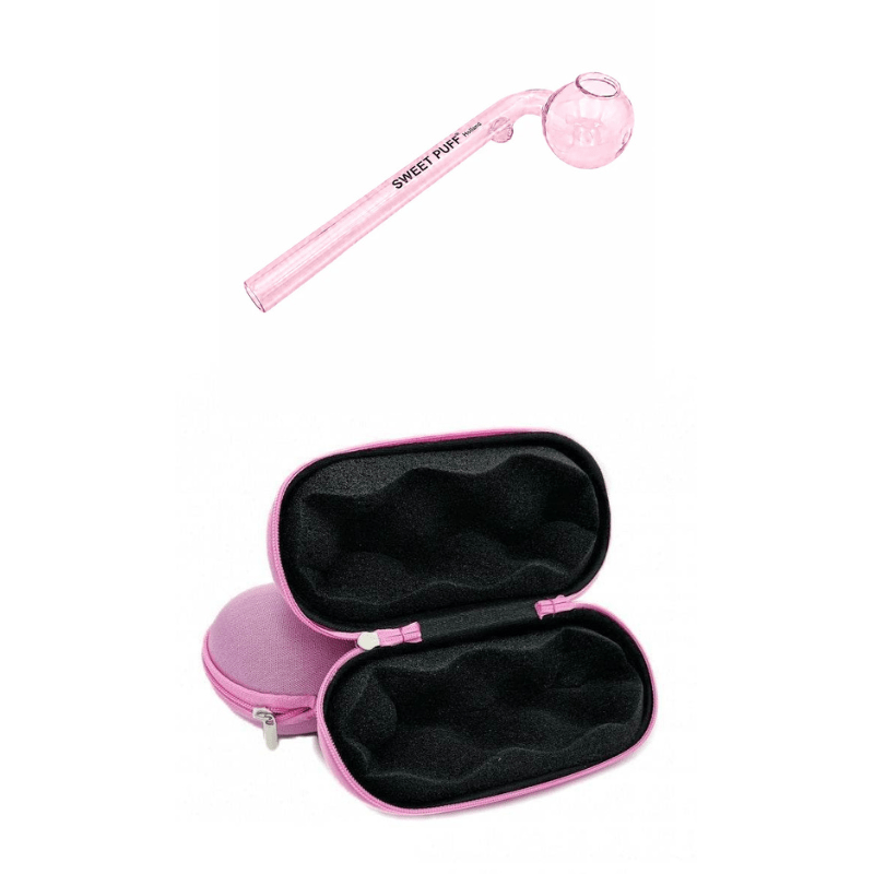 Matching Colour Sweet Puff Glass Pipe 14cm & Medium Case Bundle Pink
