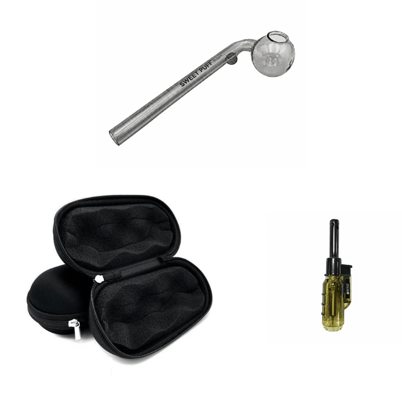 Matching Colour Sweet Puff Glass Pipe 14cm & Medium Case Bundle + Lighter Black